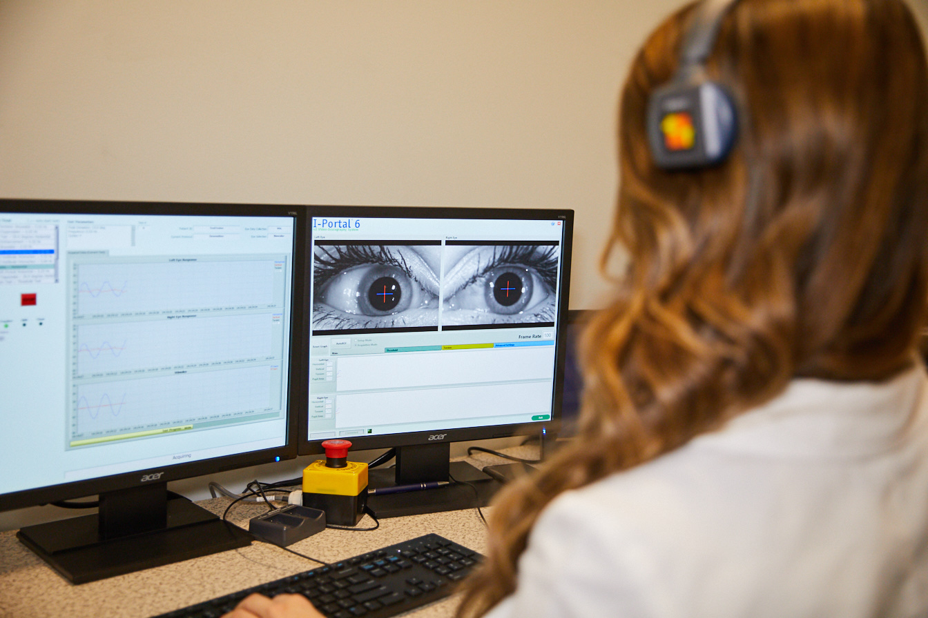 vertigo patient looking at lab screen showing close up of their eyes